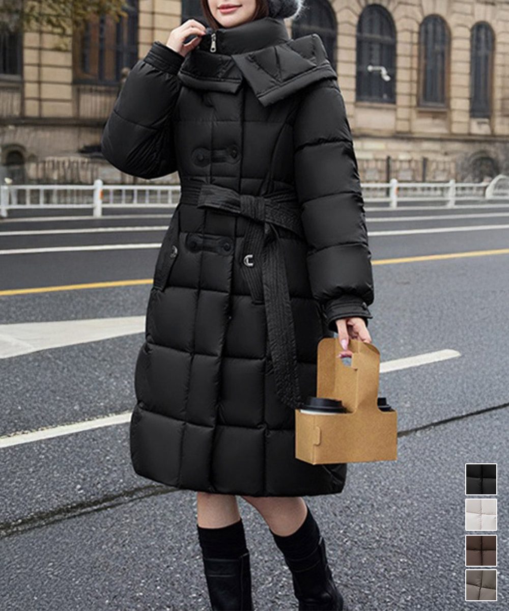フード付き フェイクダウンコードロング丈