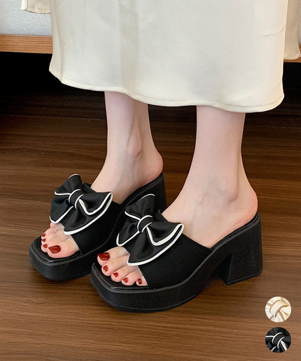 厚底 ミュールサンダル リボン 美脚夏靴