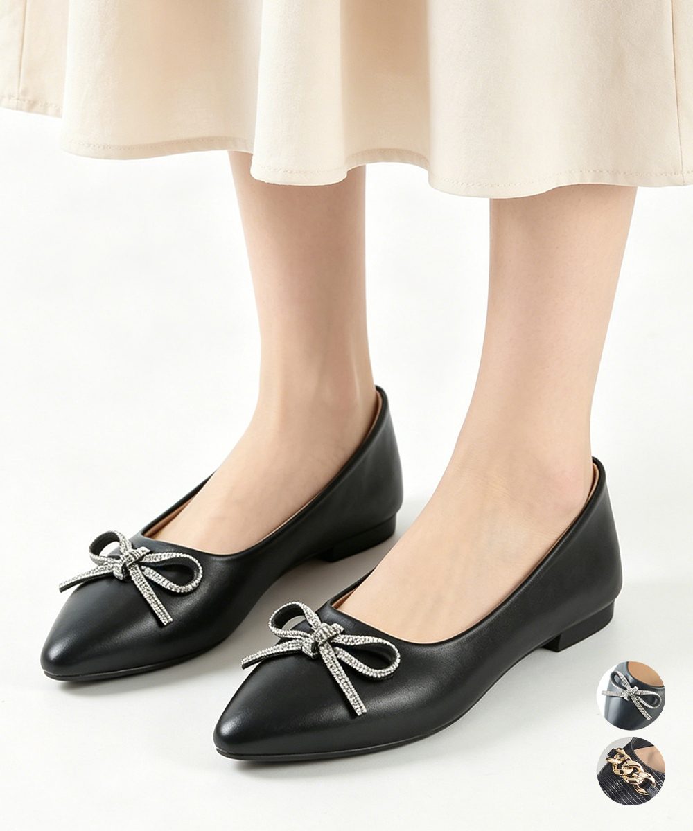 ローヒールパンプス リボン チェーン