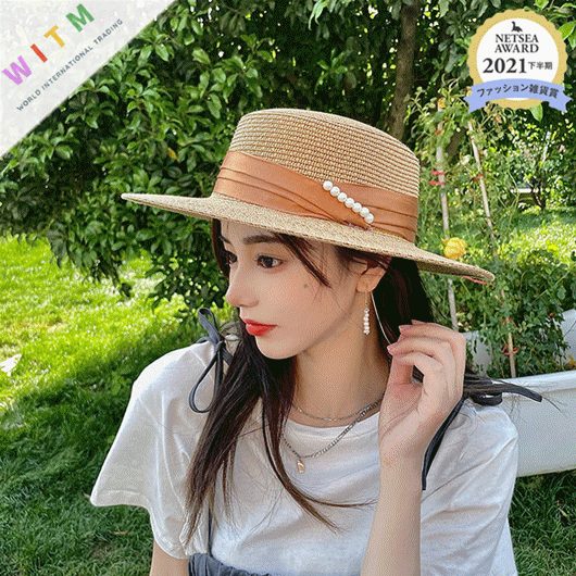 真珠 麦わら帽子 つば広ハット 編み 小顔効果 日焼け止め レディース