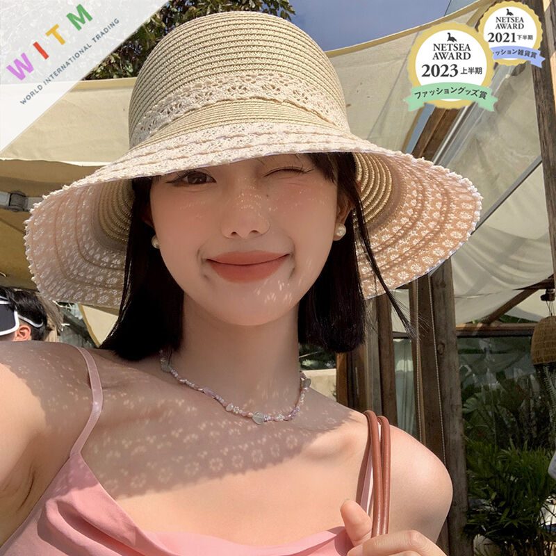 バゲットハット 麦わら帽子 レース 蝶結び 夏定番 折りたたみ つば広 紫外線対策 レディース