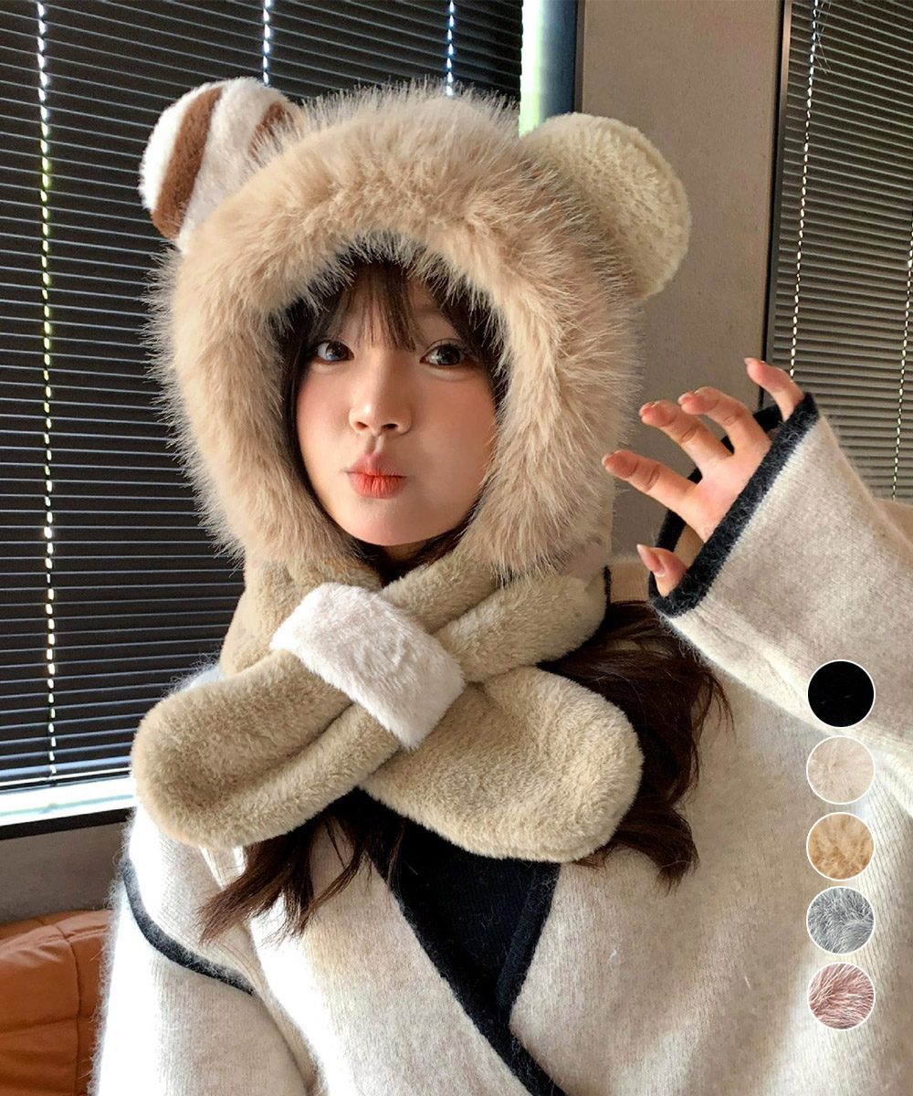 くまみみ帽子 マフラー付きファー帽子暖か