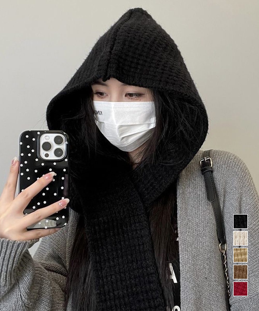 フード付きニットマフラー韓国風バラクラバ