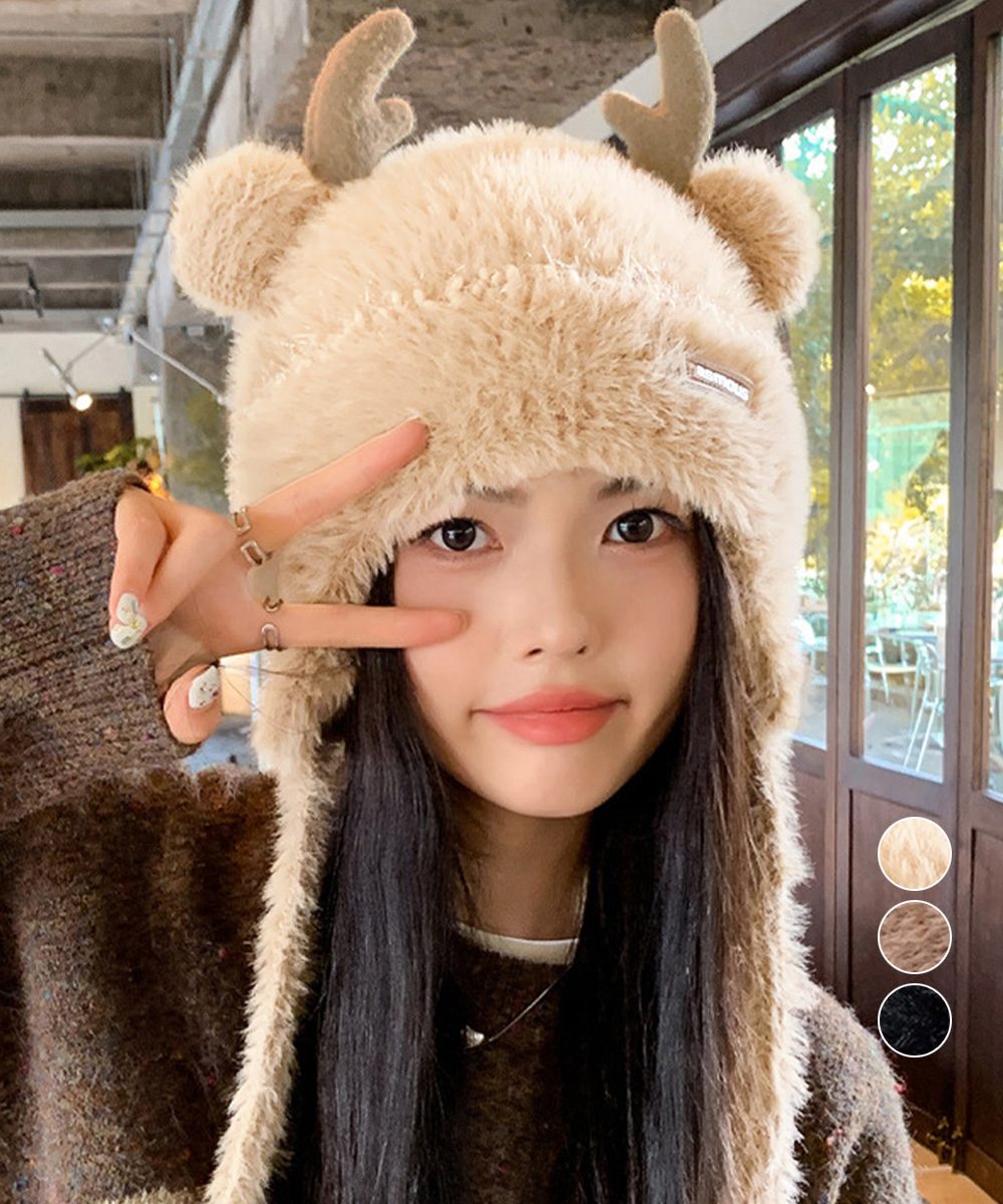 ニット帽 鹿角 くま耳 レディース 秋冬