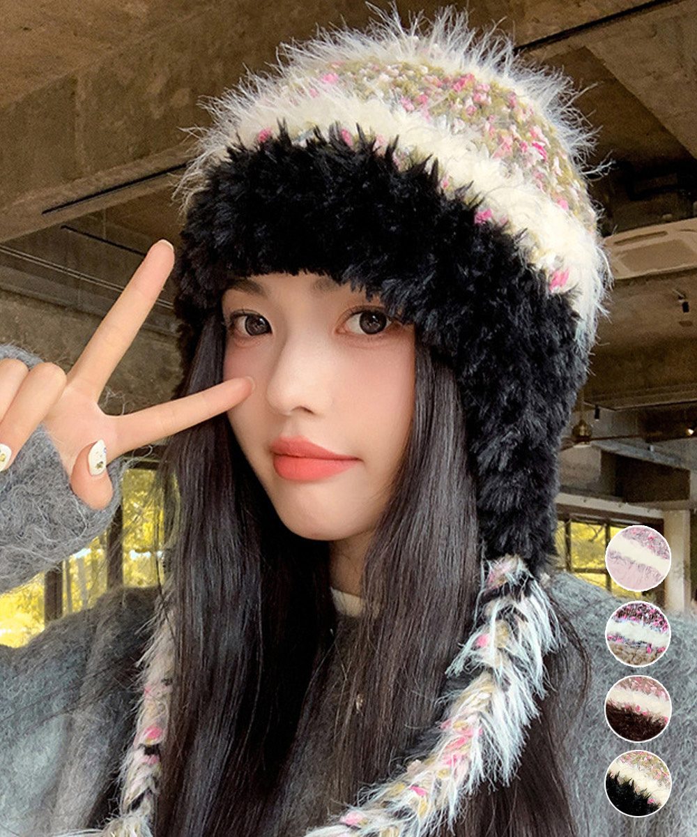 ニット帽子 紐付き 韓国風 毛糸帽子