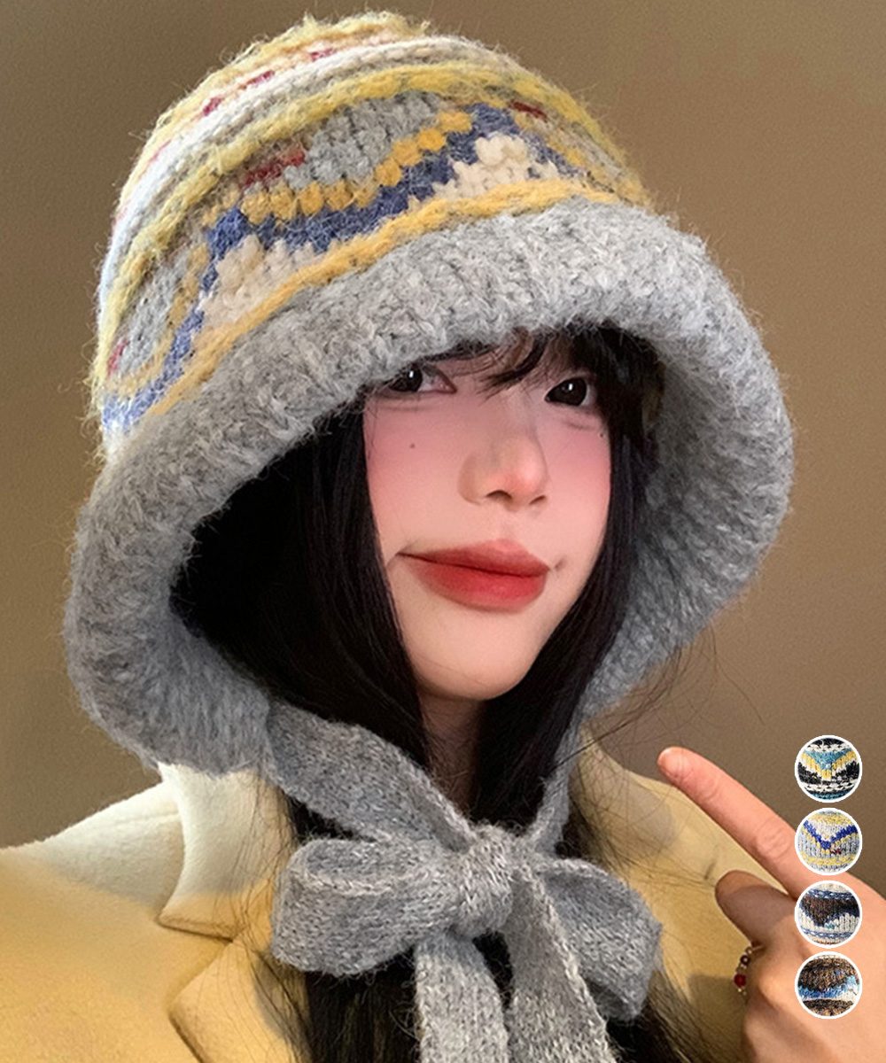 ニットバケットハット フェアアイル柄帽子