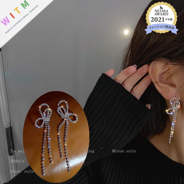 新作 蝶結び タッセル ピアス イアリング 925シルバー ラインストーン アクセサリー レディース