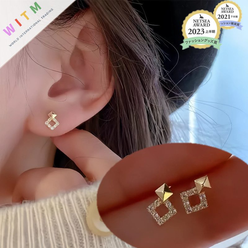 14Kコーティング 幾何 ピアス 金属アレルギー対応 ラインストーン 925シルバー レディース ゆらゆら