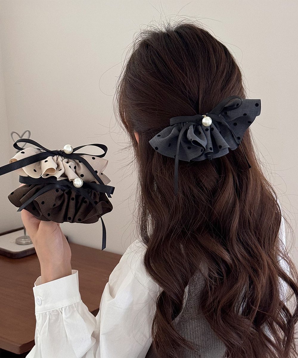 ドット柄 フリルリボン ヘアクリップ上品
