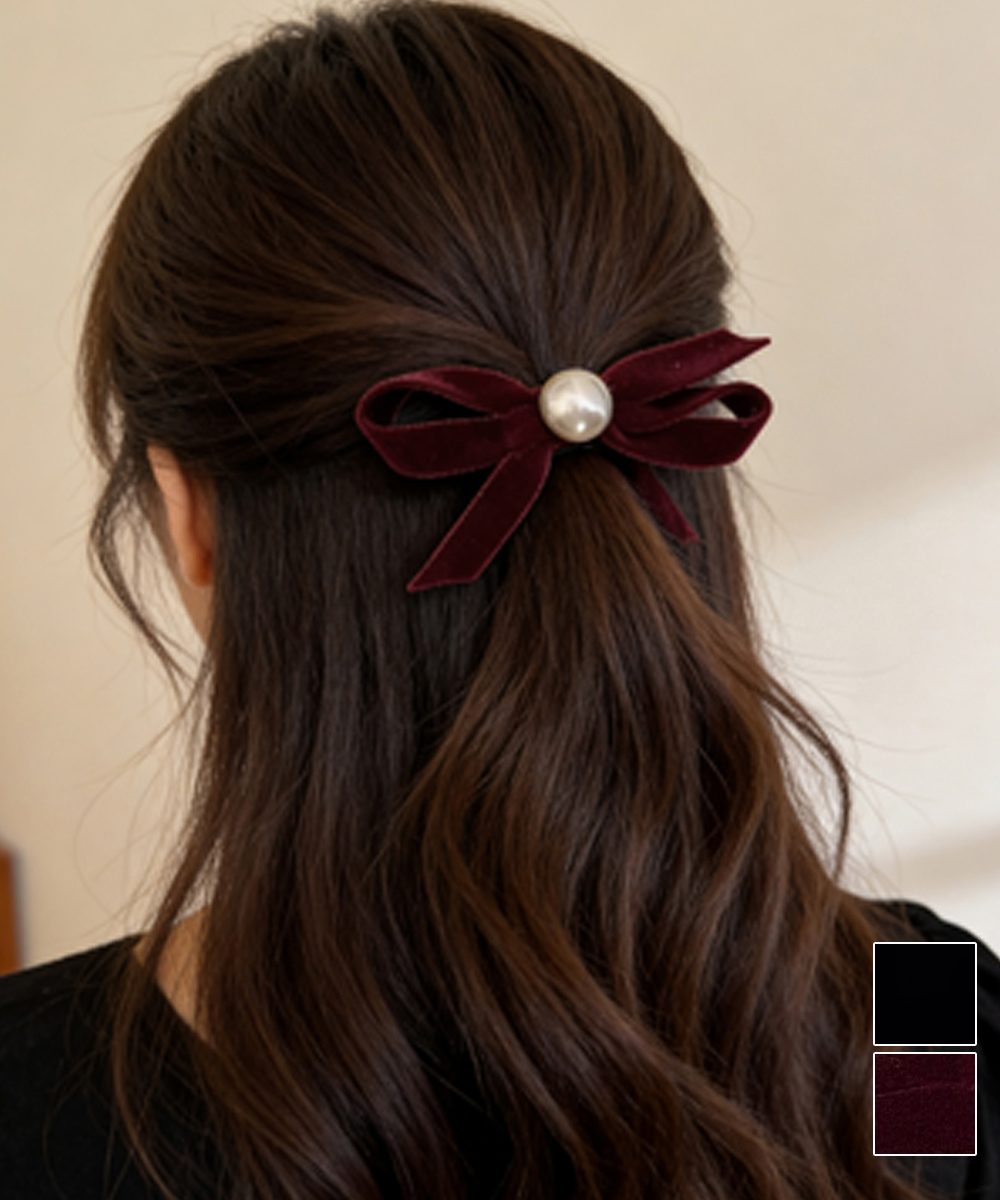 ベロア調 リボンヘアクリップ 大人可愛い