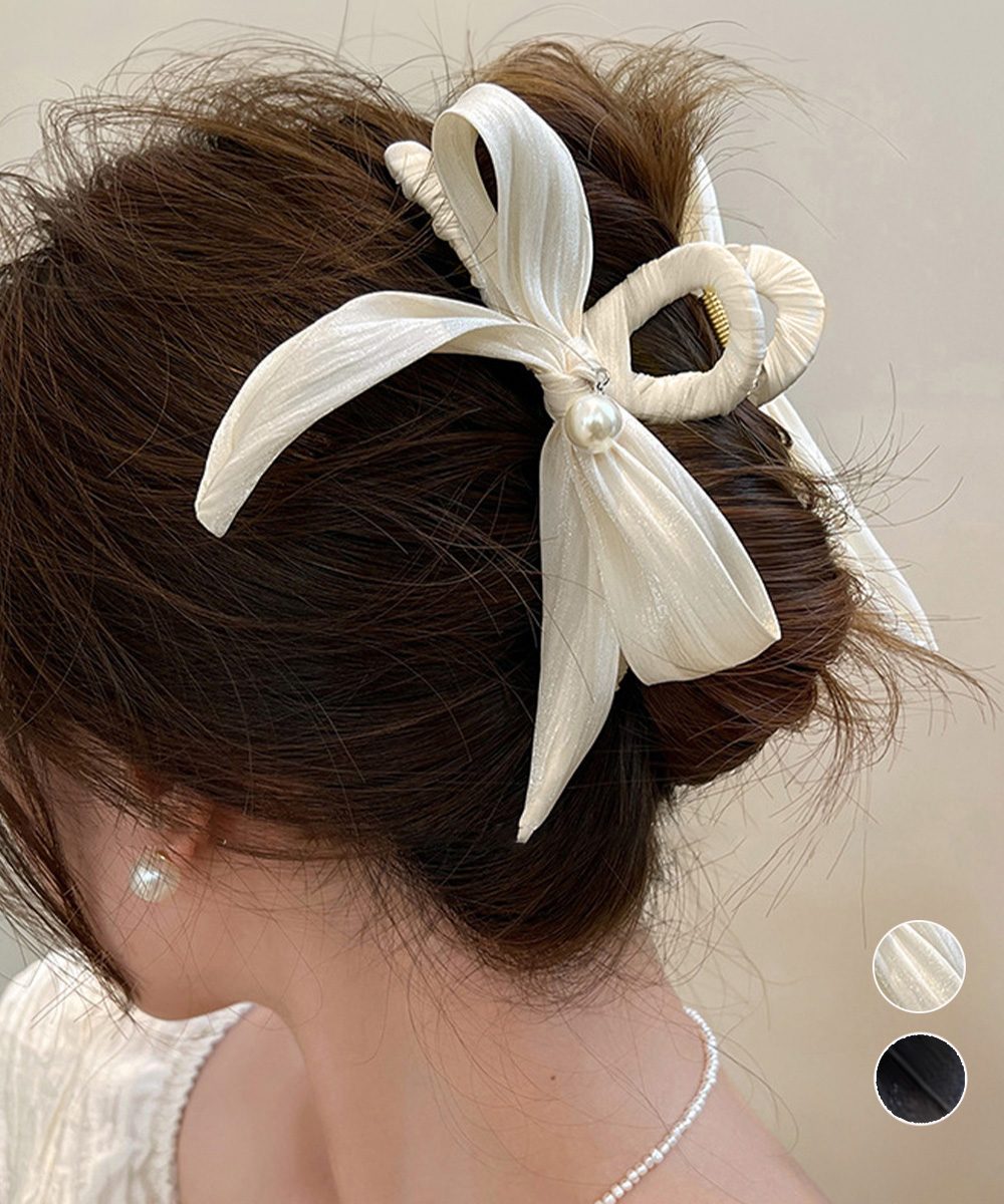 リボンヘアクリップ パール飾りレディース