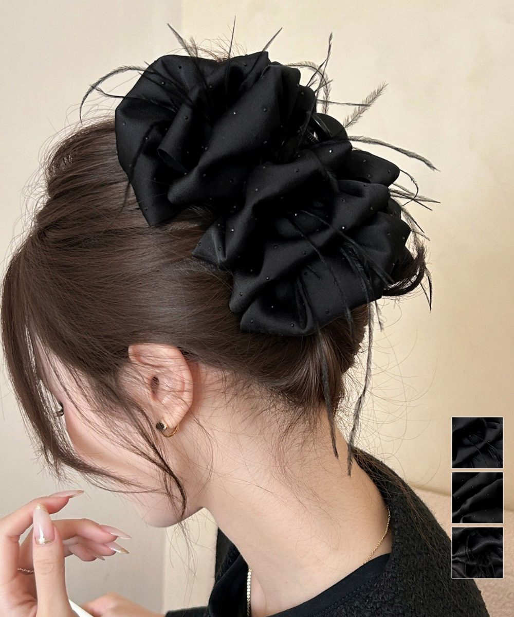 大きめバンスクリップ黒フェザーヘアアクセ
