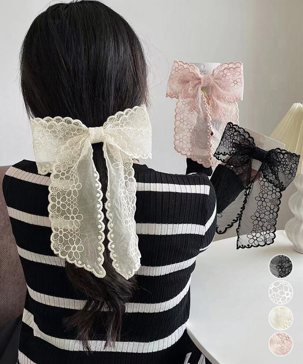 レースリボンバレッタ刺しゅうヘアクリップ