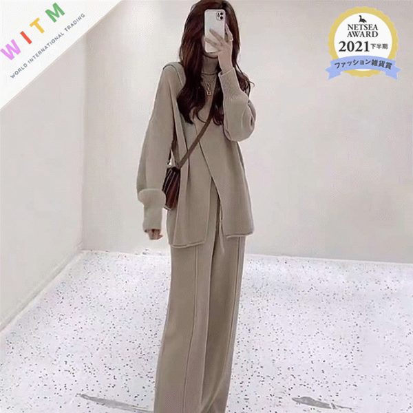 ハイネック トップス 韓国 2点セット 長袖 体型カバー エレガント ワイドパンツ 厚手 カジュアル