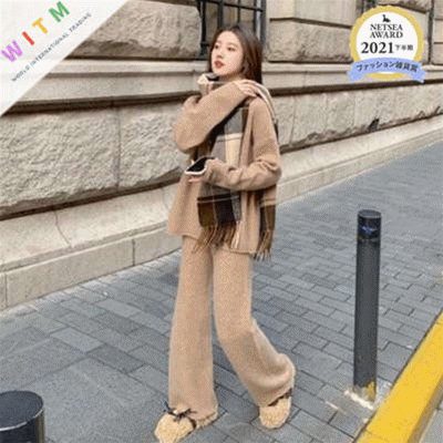 韓国 トップス 長袖 ニットセーター ワイドパンツ 2点セット 体型カバー エレガント 厚手 レディース