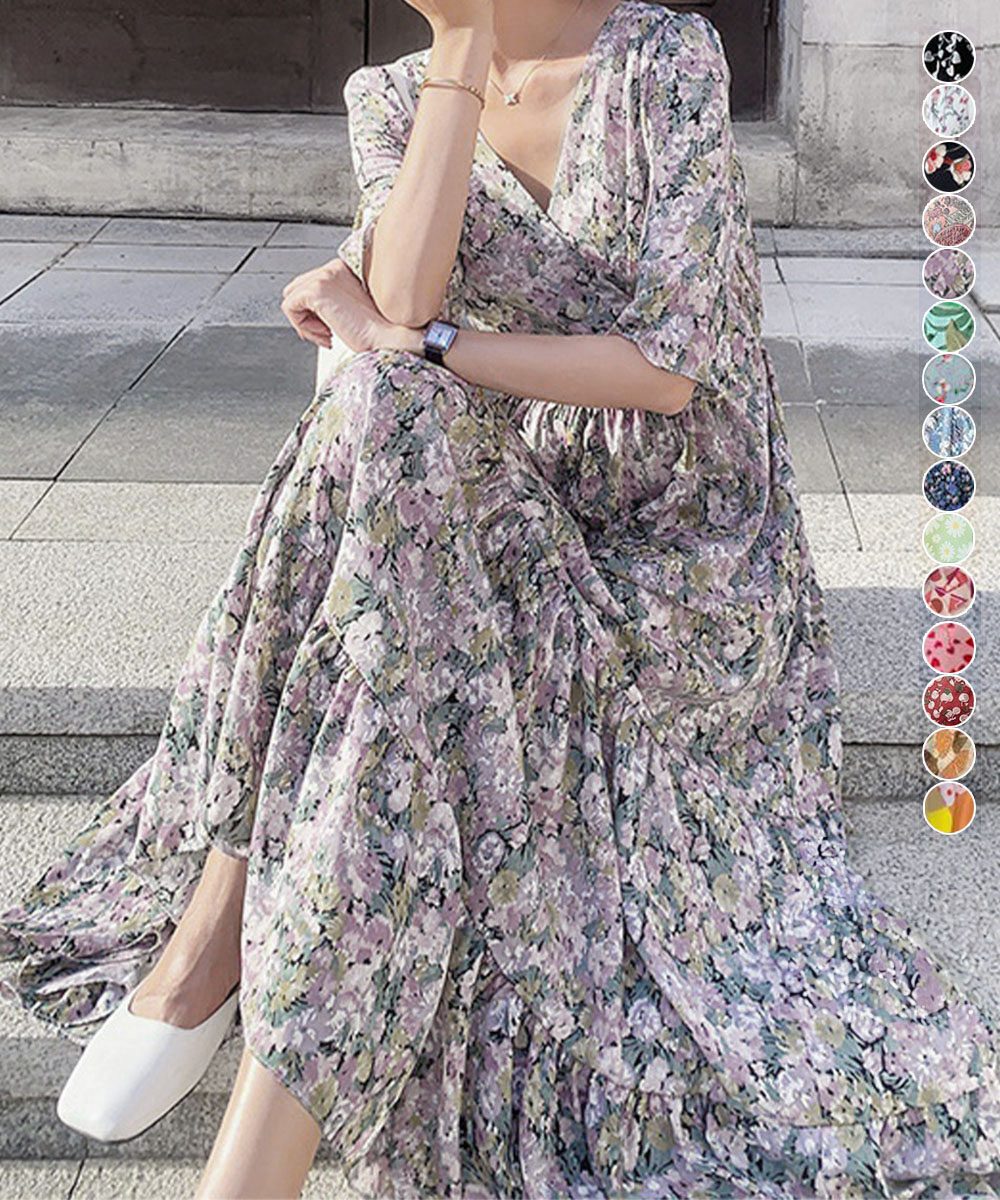 花柄ワンピース5分袖ティアードワンピース
