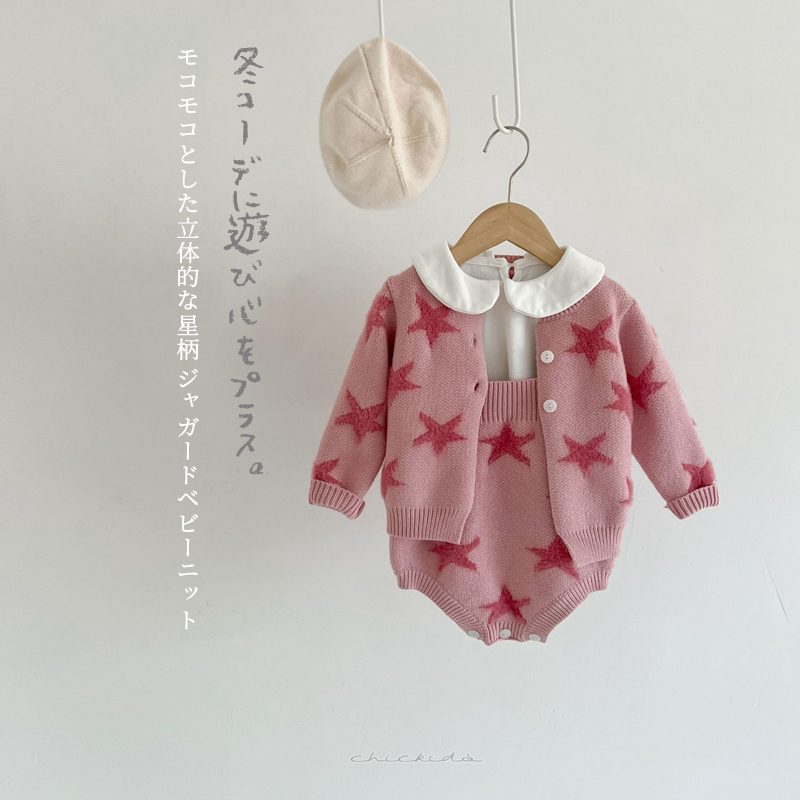 ins 秋新作 ベビー服 星柄 ニットロンパース サロペット ロンパース 可愛い 春服 66-100cm