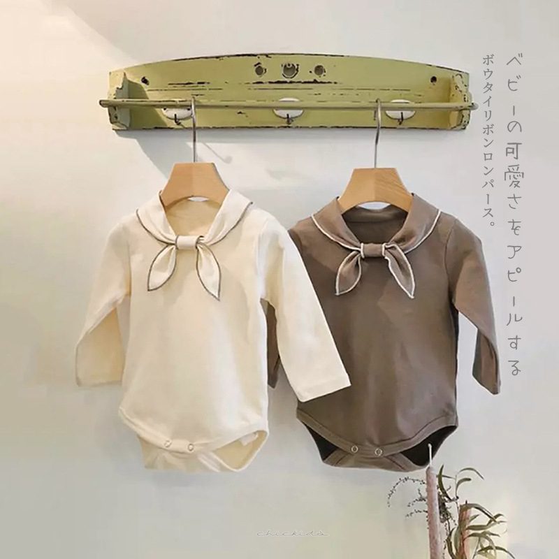 ins 秋新作　ベビー服　無地　ボウタイリボン　ロンパース　肌着　長袖　カバーオール　可愛い　子供服