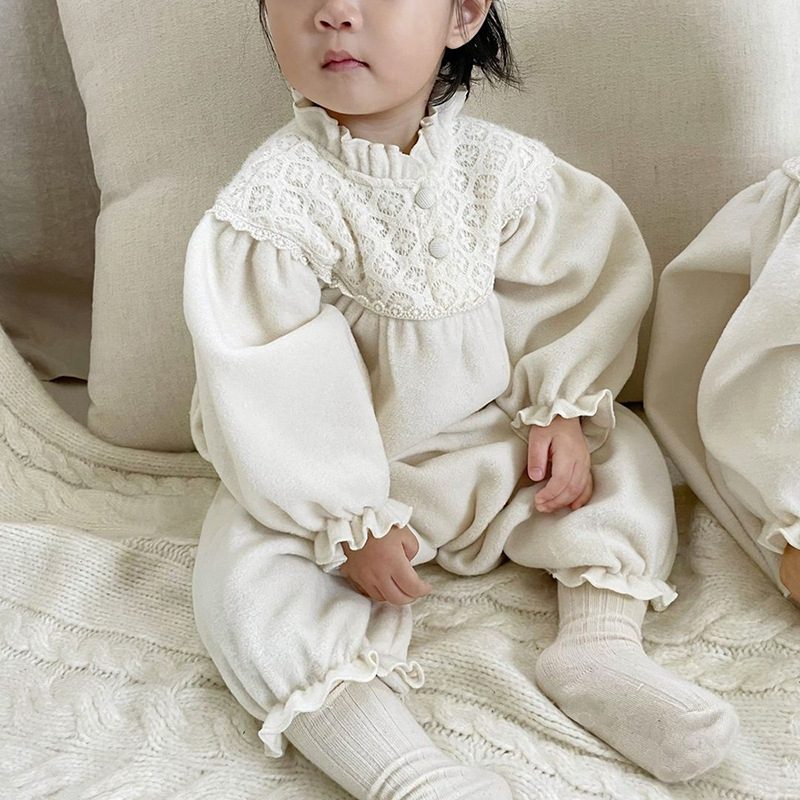 ins 秋冬新作　ベビー服　ロンパース　厚手　裏起毛　可愛い　カバーオール　キッズ服　レース