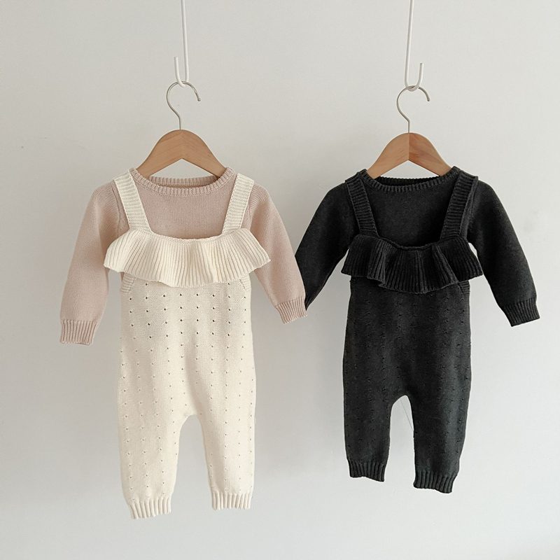 ins秋冬新作　ベビー服　ニットサロペット　ロンパース　森ガール　子供服　ニット　オーバーオール　無地