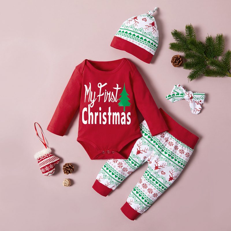 ins大人気 ベビー服 クリスマス ロンパース 帽子 リボン パンツ 4点セット 部屋着 サンタ服