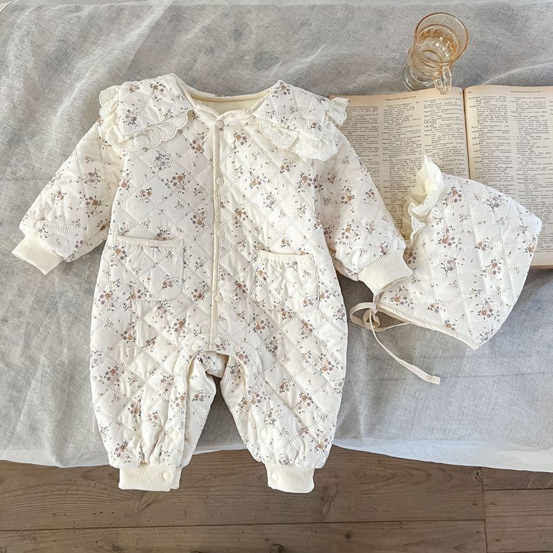 ins秋冬 ベビー服 裏起毛 長袖 ロンパース 帽子付き 子供服 カバーオール 花柄 厚手 66-100cm