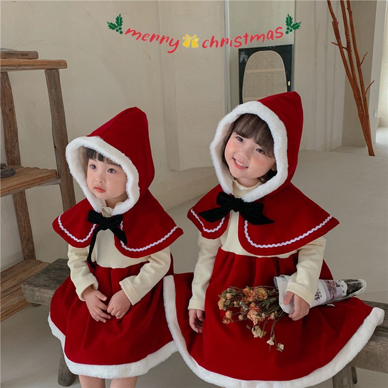 ins　サンタ服　クリスマス　マント　ワンピース　2点セット　ベビー服　可愛い　子供服　コスプレ