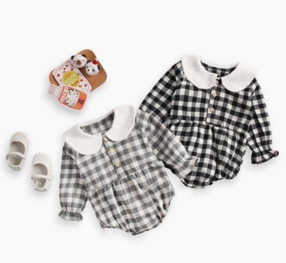秋　チェック柄　女の子　ベビーロンパース ベビー服　カバーオール　子供服　バスタブラウン　出産祝い