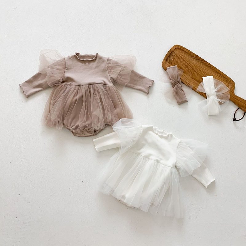 ins 女の子 チュール ロンパース ベビー服 カバーオール ヘアバンド付き 可愛い おしゃれ 子供服