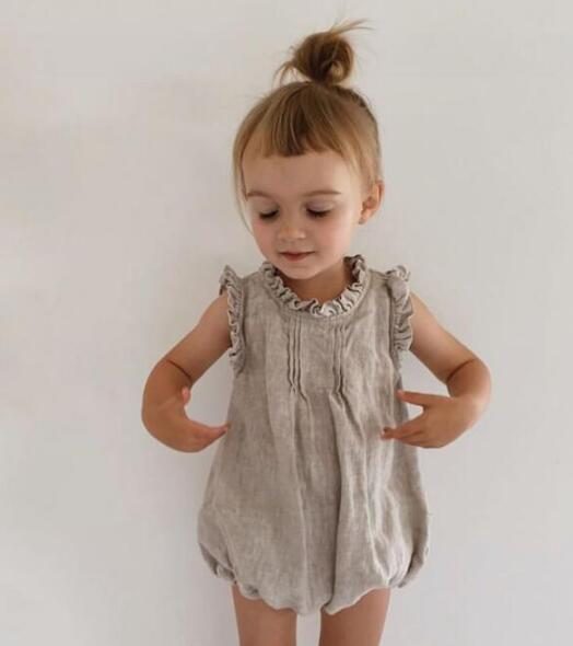 ベビーロンパース リネン　子供服　ダックネック　無地　カバーオール　オールインワン ノースリーブ