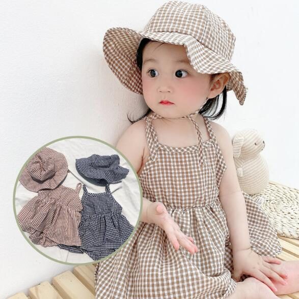 夏　ベビー服　ロンパース+帽子　韓国風　女の子 可愛い　チェック　子供服　カバーオール　キャミソール