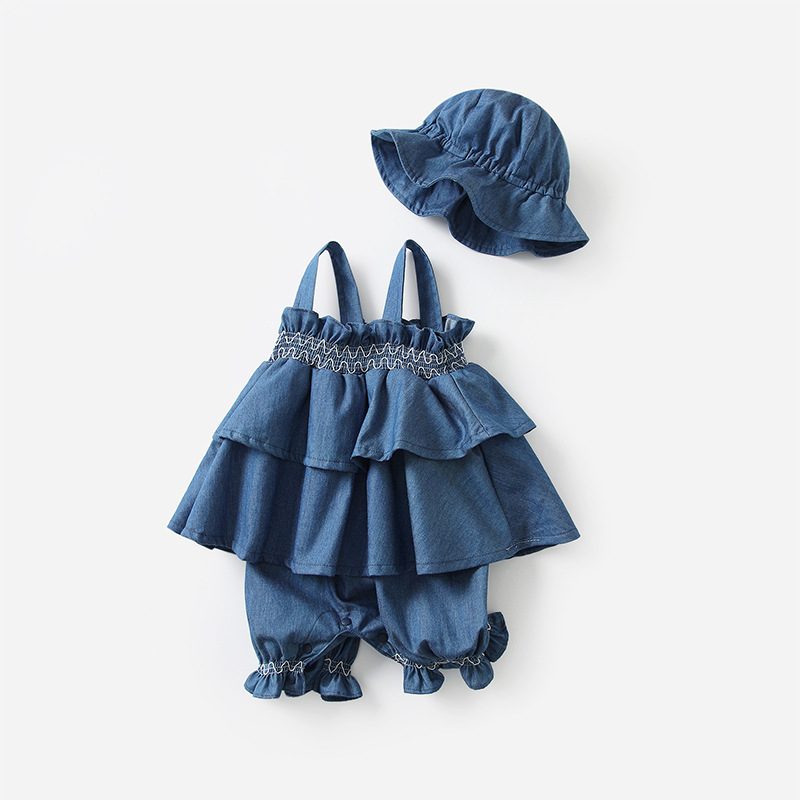 ins 新作　春夏　ベビー服　フェイクレイヤード　ロンパース　帽子付き　可愛い　重ね着　カバーオール