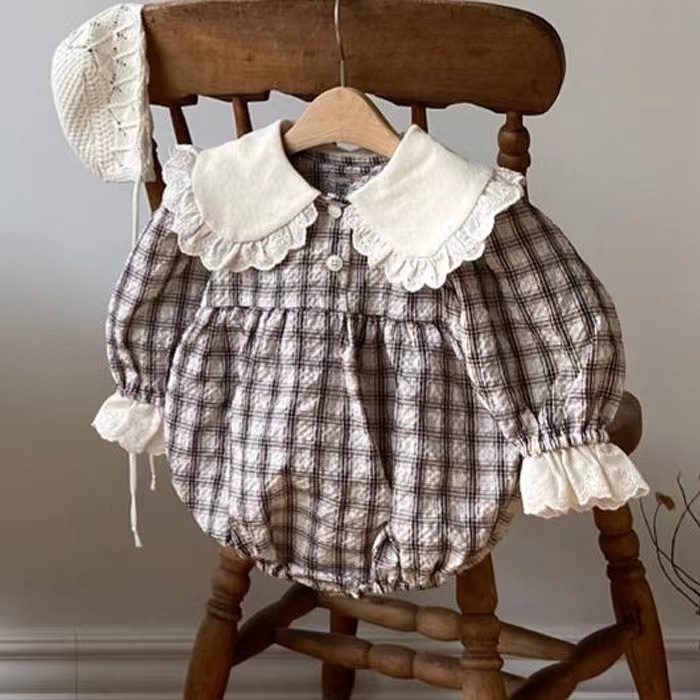 ins 春　ins新作　女の子　ロンパース　長袖　可愛い　ベビー服　チェック柄　レース襟　子供服　おしゃれ