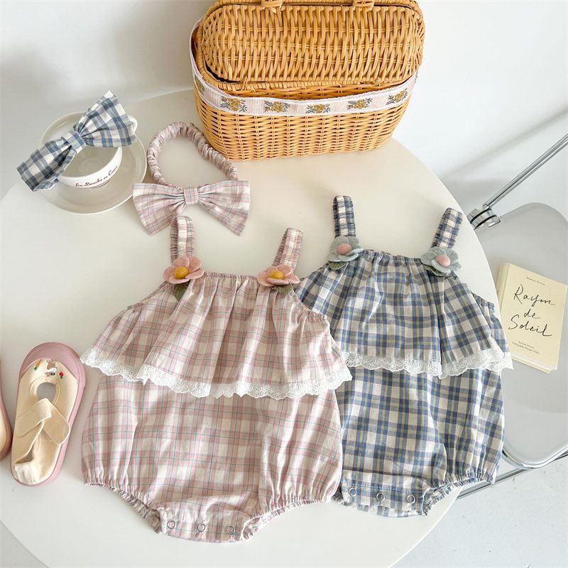ins 夏新作 ベビー服 チェック柄 サロペット ロンパース ヘアバンド付き 子供服 可愛い おしゃれ