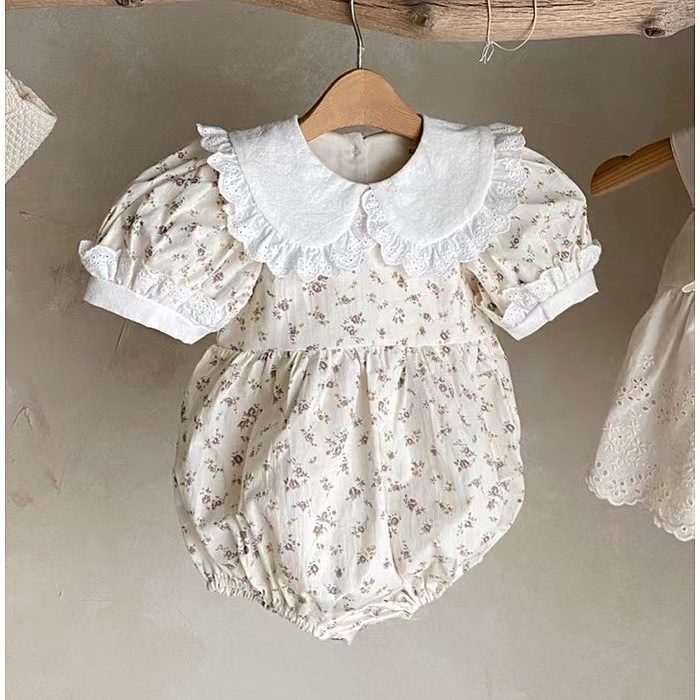ins 夏新作 ベビー服 パフスリーブ ロンパース 花柄 レース飾り 子供服 可愛い おしゃれ 半袖
