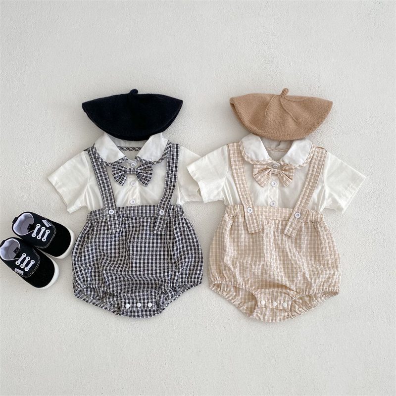 ins 夏新作　ベビー服　男の子　フェイクレイヤード　ロンパース　チェック柄　可愛い　おしゃれ　柔らかい