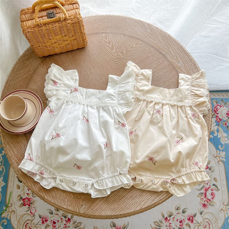 ins 夏新作 女の子 刺繍 レース ロンパース フラッタースリーブ 可愛い カバーオール おしゃれ