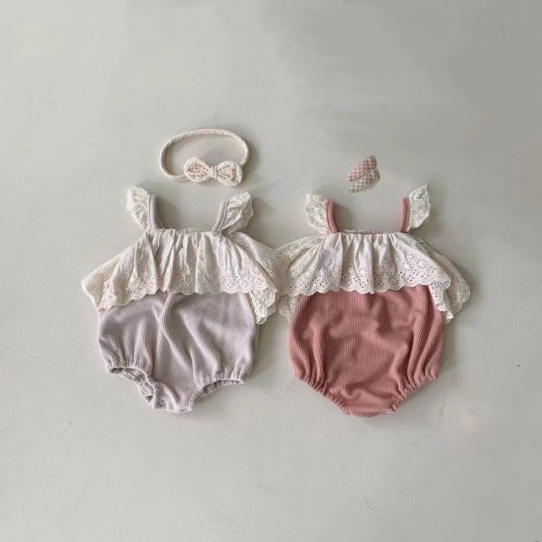 ins 夏新作　ベビー服　女の子　レトロ風　レース　フラッタースリーブ　ロンパース　可愛い　カバーオール