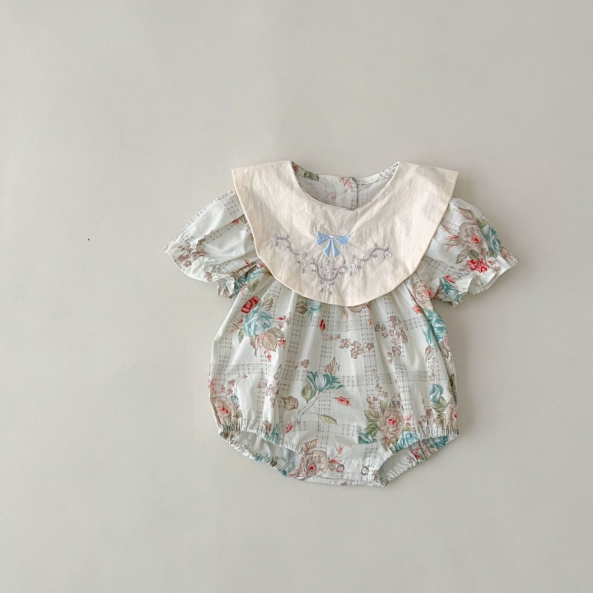 ins 夏新作　ベビー服　女の子　レトロ風　刺繍柄　花柄　半袖　ロンパース　可愛い　パフスリーブ