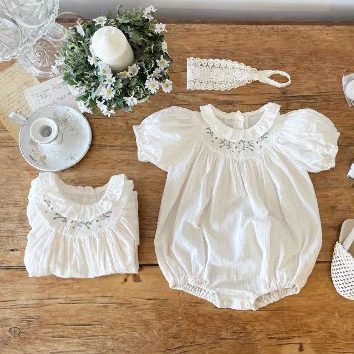 ins 夏新作　ベビー服　ラッフルカラー　ロンパース　ワンピース　刺繍　半袖　子供服　可愛い　おしゃれ