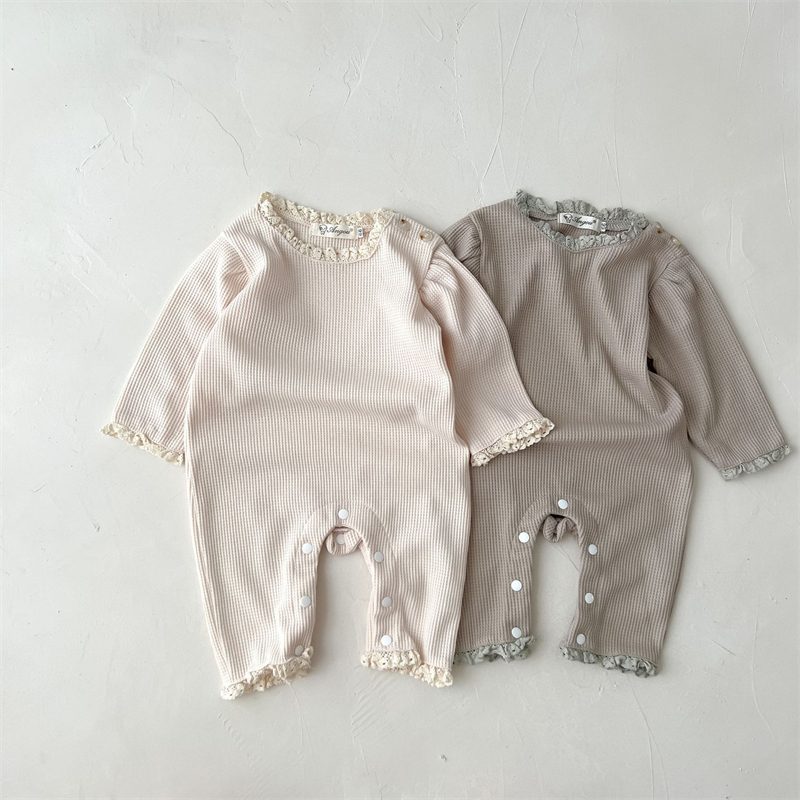 ins 秋新作　ワッフル　ベビー服　ロンパース　レース　長袖　カバーオール　可愛い　男女兼用