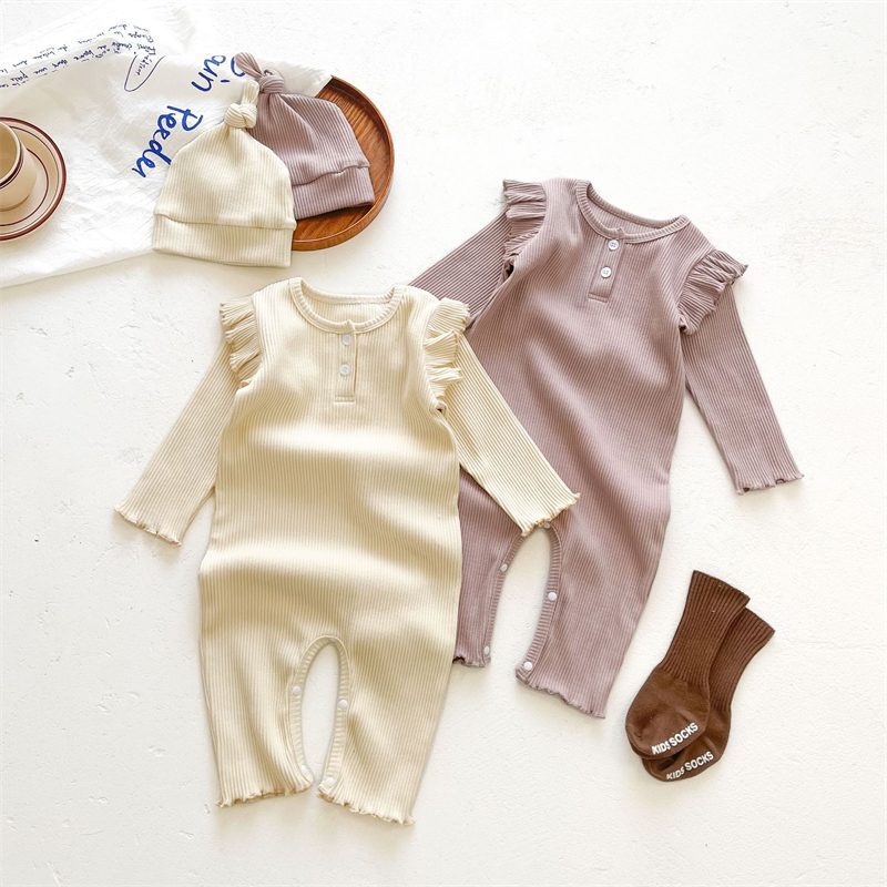 ins 秋新作　ベビー服　リブ　ロンパース　帽子付き　長袖　フラッタースリーブ　無地　可愛い
