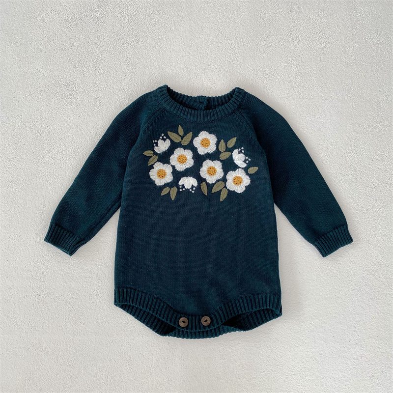 ins 秋新作　ベビー服　ロンパース　ニット　刺繍　花柄　長袖　女の子　可愛い　おしゃれ　カバーオール