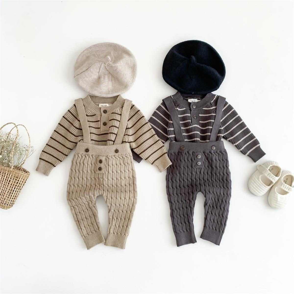 ins 秋新作　ベビー服　ニット　ロンパース　サロペット　オーバーオール　ストライプ柄　可愛い　子供服