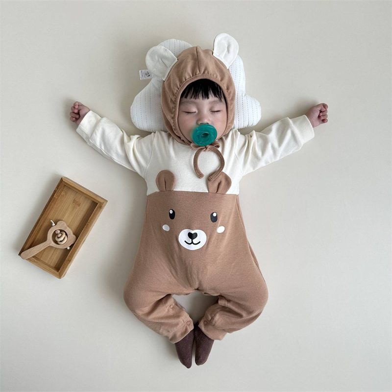 ins 秋新作　ベビー服　ロンパース　クマ　カバーオール　可愛い　子供服　ボンネット付き　新生児