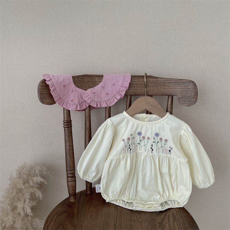 ins 秋新作 ベビー服 ロンパース パフスリーブ 女の子 可愛い おしゃれ カバーオール 刺繍柄
