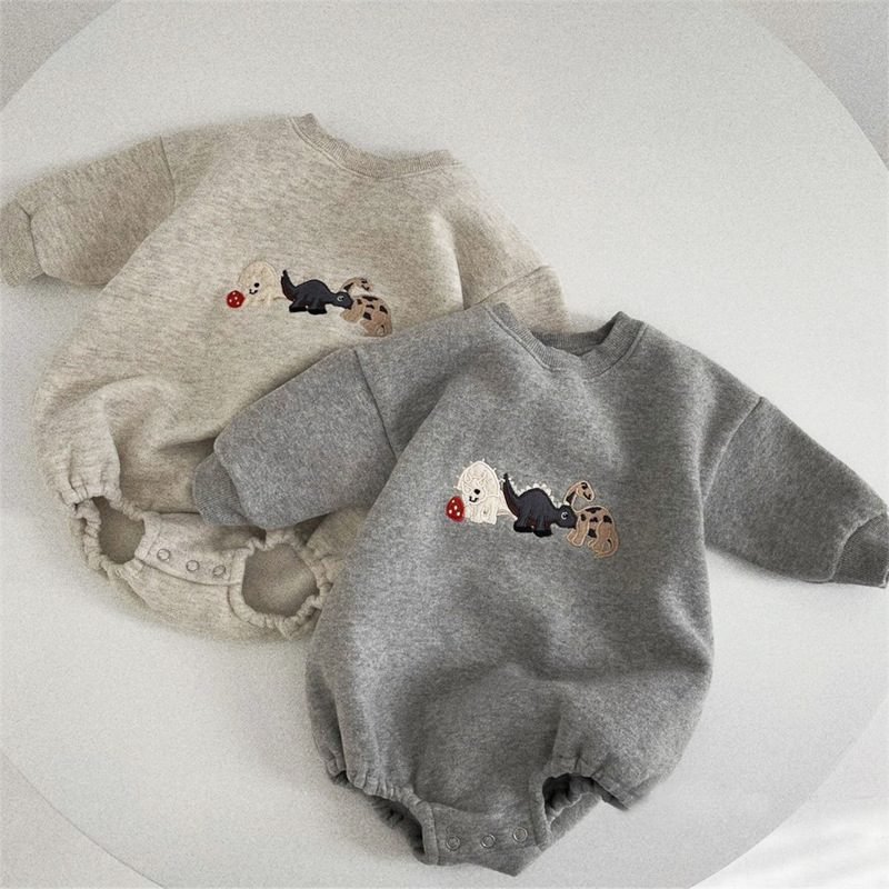 ins　秋冬新作　ベビー服　ロンパース　刺繍　恐竜柄　厚手　男の子　女の子　可愛い　おしゃれ　パーカー