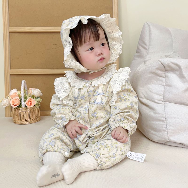 ins 秋冬新作　ベビー服　裏起毛　ロンパース　ボンネット付き　花柄　レース　可愛い　おしゃれ　女の子