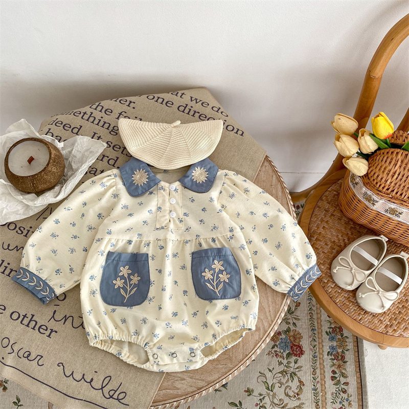 ins 秋新作 ベビー服 ロンパース 女の子 花柄 ラッフル襟 可愛い おしゃれ 森ガール 刺繍