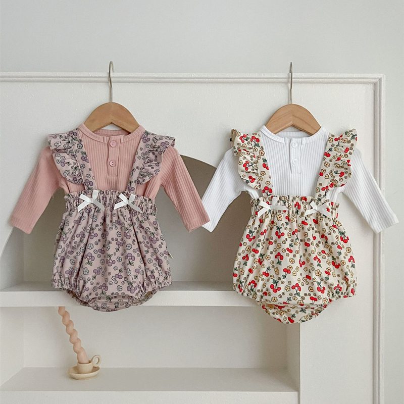 ins 秋新作　ベビー服　女の子　花柄　ロンパース　サロペット　フラッタースリーブ　カジュアル　子供服